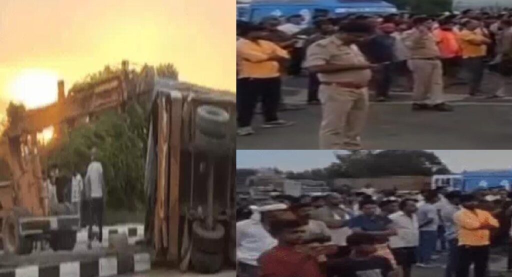 कंटेनर की टक्कर से ट्रैक्टर चालक की मौत, मुआवजे की मांग पर ग्रामीणों का हंगामा