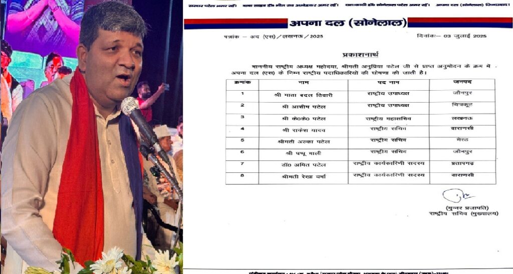 अपना दल (एस) में बड़ा फेरबदल: आशीष पटेल का कद घटा, बनाए गए राष्ट्रीय उपाध्यक्ष