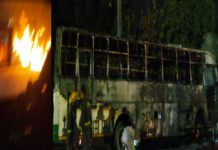 पुल के डिवाइडर से टकराई जनरथ बस, कुछ ही मिनटों में धधक उठी